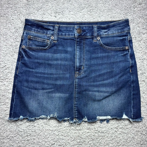 American Eagle Skirt Womens 8 Hi Rise Mini Denim Stretch Raw Hem Frayed Party - Picture 1 of 5